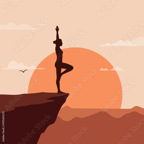 Woman practicing yoga tree pose on cliff edge at sunset minimal flat vector illustration