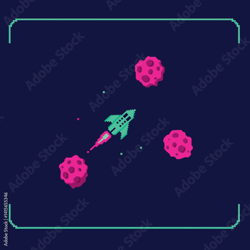 Retro style spaceship navigating through pink asteroids in space flat digital vector art