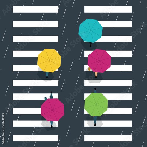 Top view of people crossing rainy street with colorful umbrellas flat design vector art