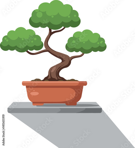 Small bonsai tree with green foliage in terracotta pot minimalist flat design vector illustration