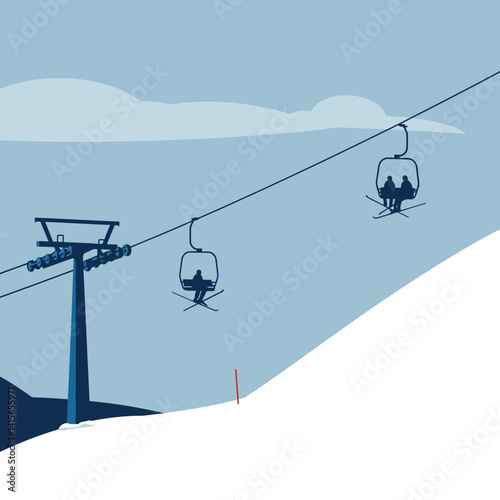 Skiers riding cable chairlift over snowy slope with blue sky flat design vector illustration