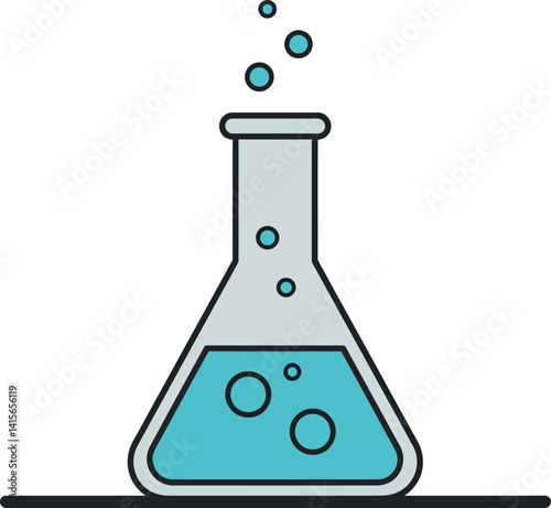 Laboratory glass flask with blue bubbling liquid in minimal flat style vector illustration