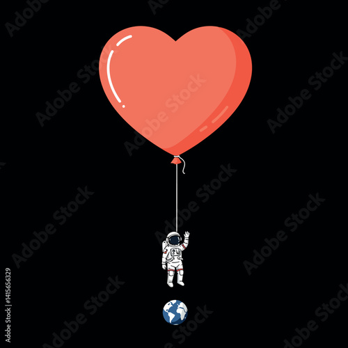 Astronaut floating in space holding large red heart-shaped balloon minimal flat vector illustration