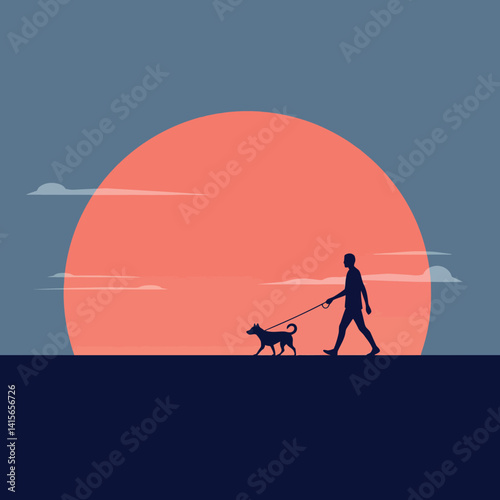 Silhouette of man walking dog at sunset minimal flat design vector illustration