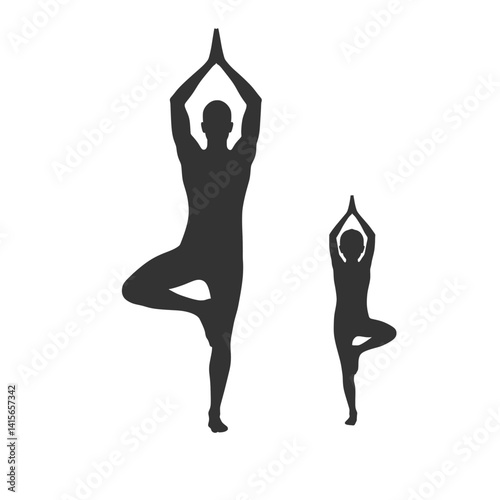 Parent and Child Practicing Yoga Tree Pose Together Silhouette Vector
