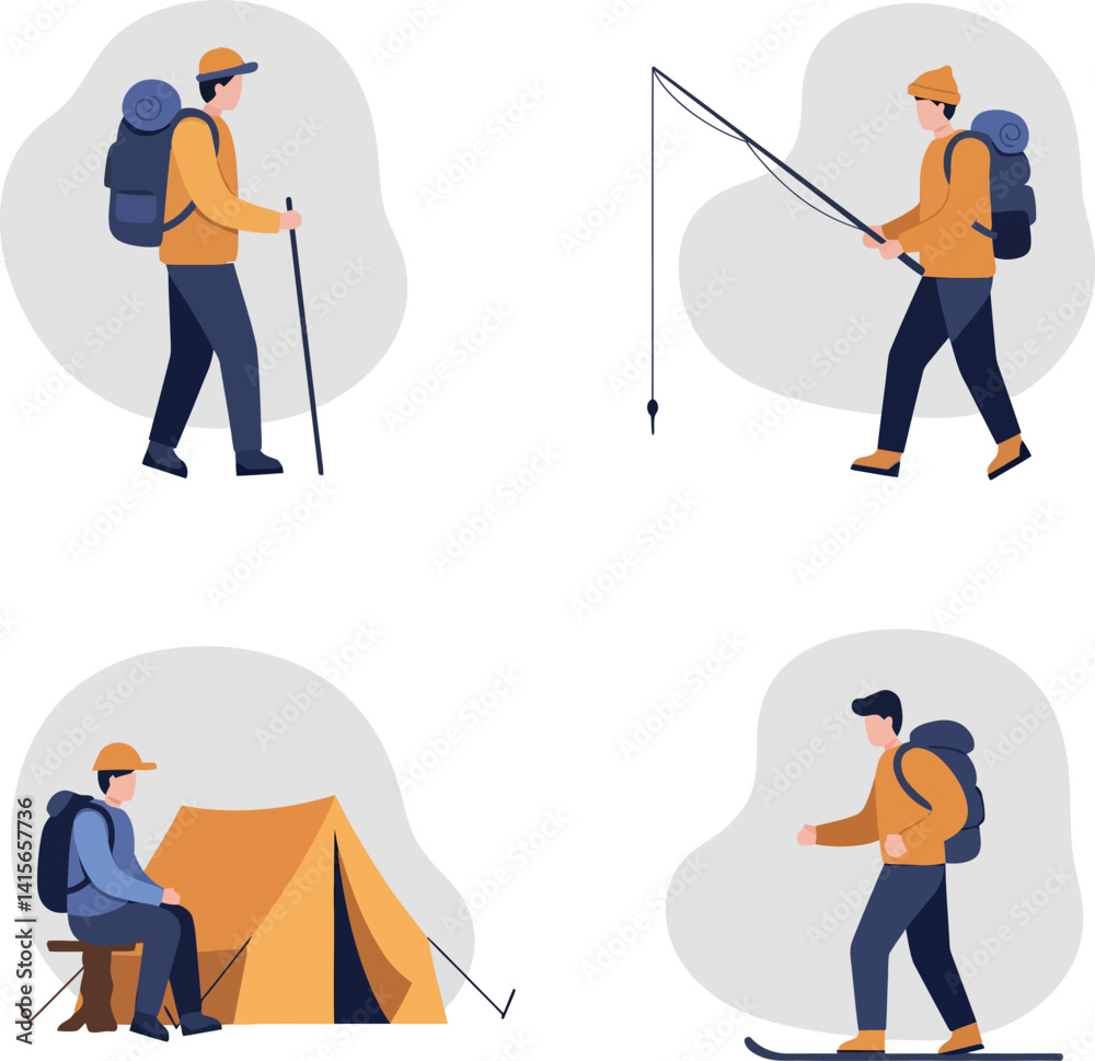 Obraz premium Backpacking man hiking fishing camping skiing outdoor activities flat vector illustration