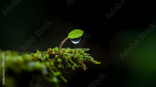 Dewdrop On Tiny Green Leaf In Forest Moss photo