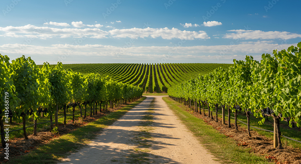 Naklejka premium Path through a vineyard with leading lines and space at the top