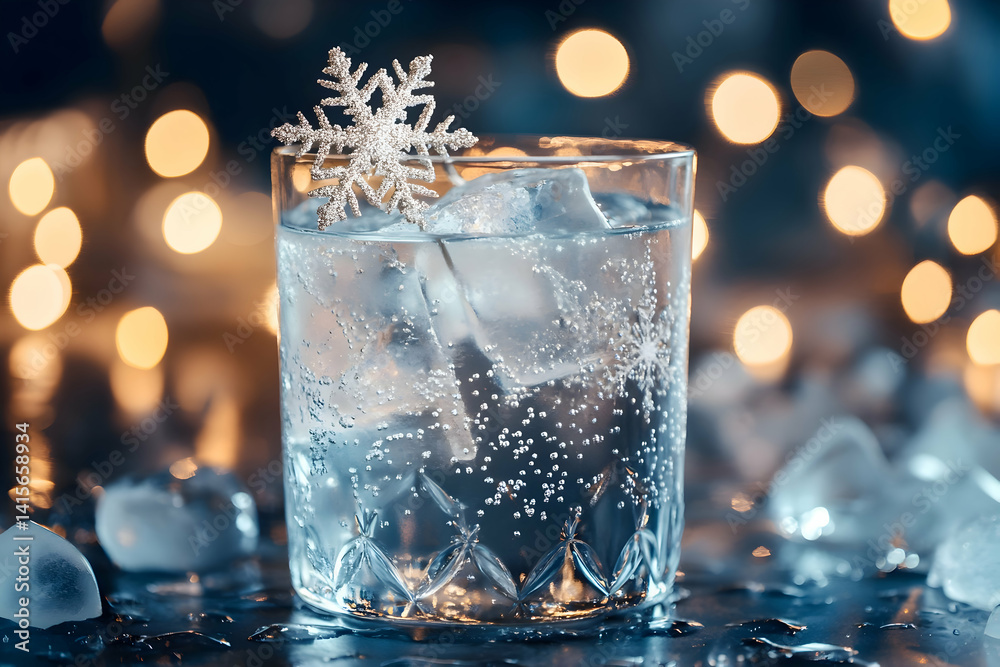 Clear drink in glass with ice and snowflake decoration on blurred background. Clear drink in glass with ice and snowflake decoration on blurred background.