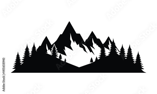 Mountain silhouette - vector icon. Rocky peaks. Mountains ranges. Black and white mountain icon