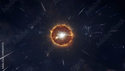 Vibrant Sun Amidst Starry Space With Shooting Stars