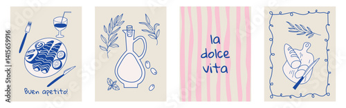 Set of hand drawn vintage posters in dolce vita style. Vector illustration of italian style hand drawn posters. Illustration for invitations, menus design. Breakfast, lunch, dinner concept.