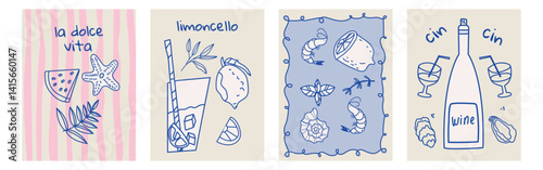 Set of hand drawn vintage posters in dolce vita style. Vector illustration of italian style hand drawn posters.  Illustration for invitations, menus design. Breakfast, lunch, dinner concept. 