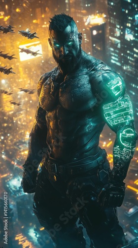 Cyberpunk Enforcer: Augmented Warrior Standing Over Futuristic Metropolis at Night