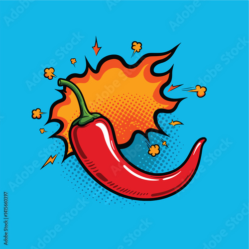 pop art vector of exploding red chili pepper with comic flames on vibrant cyan background