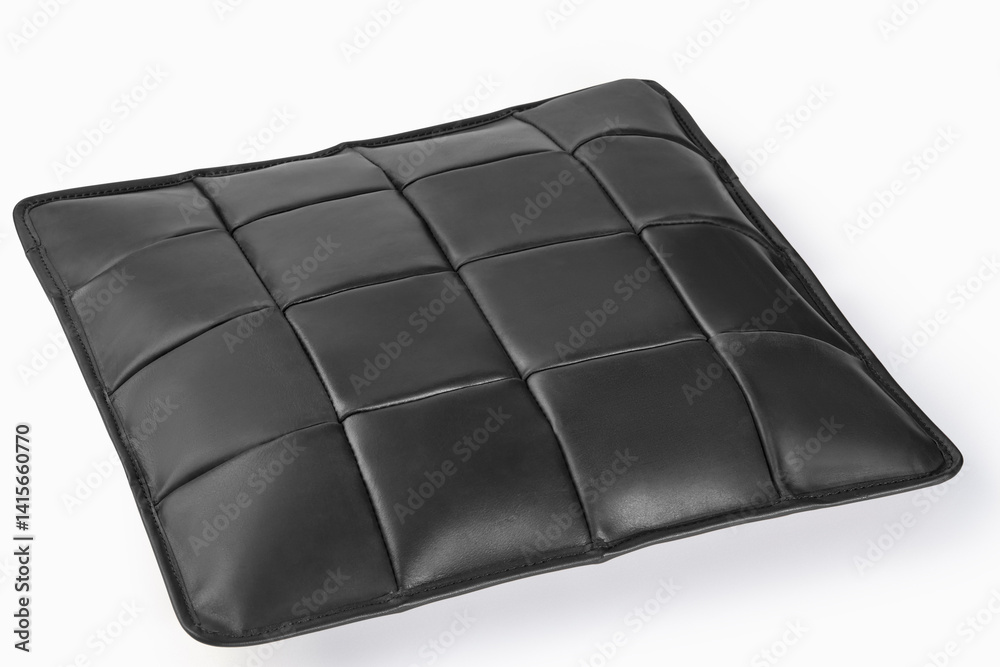 Black leather cushion resting on white background
