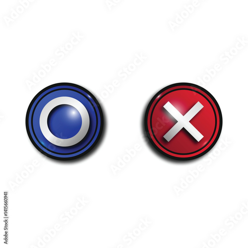 Blue and red game voting buttons, with a black frame, glares and tic tac toe. A vector round buttons with a gradient, isolated on the white background
