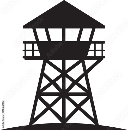 A simple black silhouette of a watchtower, Watchtower icon. Black silhouette. Front side view