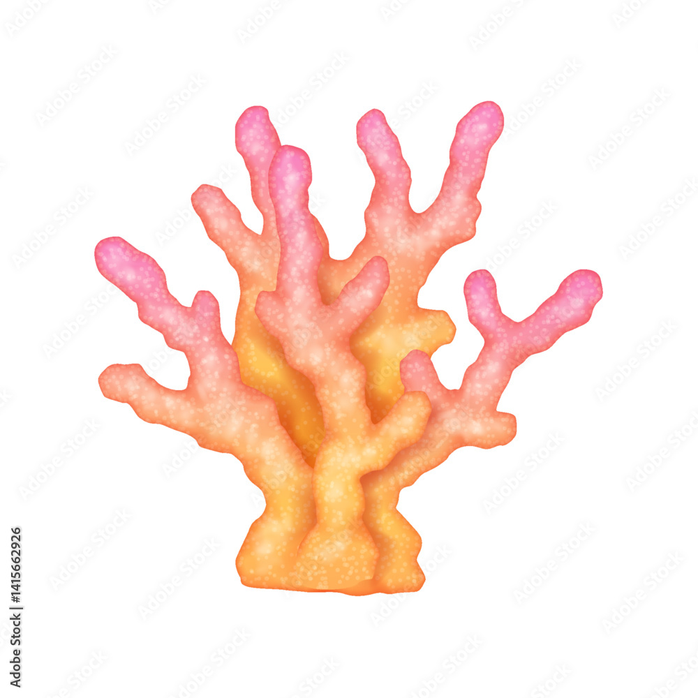 Obraz premium Digital illustration of a pink and orange coral in bright colors depicting marine life and underwater ecology with white background with copy space.