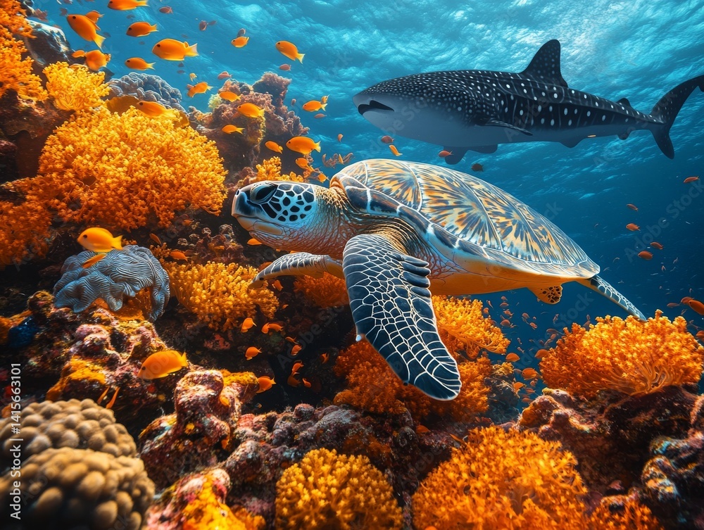 Fototapeta premium Underwater Symphony: A Sea Turtle's Journey through a Vibrant Coral Reef, Accompanied by a Gentle Whale Shark and Swarms of Golden Fish.
