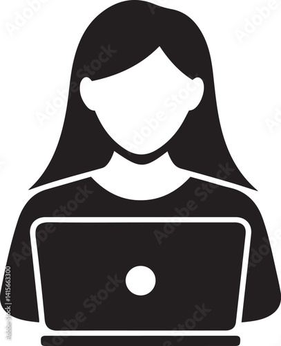 Woman working on a laptop, simple black and white silhouette icon.