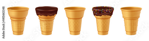 Illustration of ice cream cones including plain, chocolate topped, and sprinkled versions. These cones showcase different toppings highlighting their diverse styles for desserts.