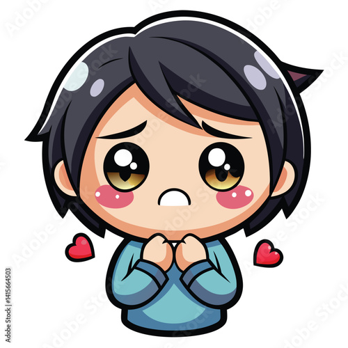 Cute cartoon boy with sad eyes and hands clasped in prayer, surrounded by hearts
