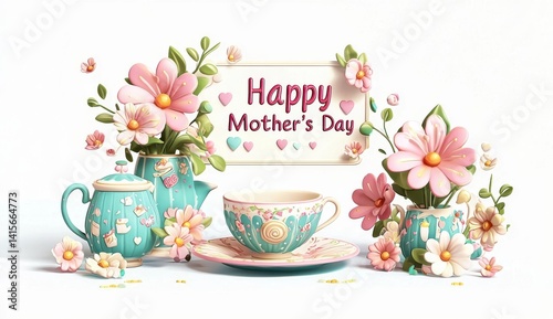 Mother's Day Tea Party Poster with Teacups and Floral Patterns on a White Background - 3D Icon Poster Design for Mother's Day Celebration.