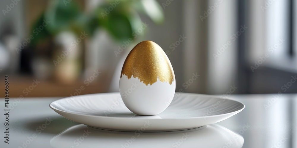 A beautifully crafted egg with a gold finish sits elegantly on a white plate. This image captures a minimalist style and a decorative purpose. Ideal for modern design. AI