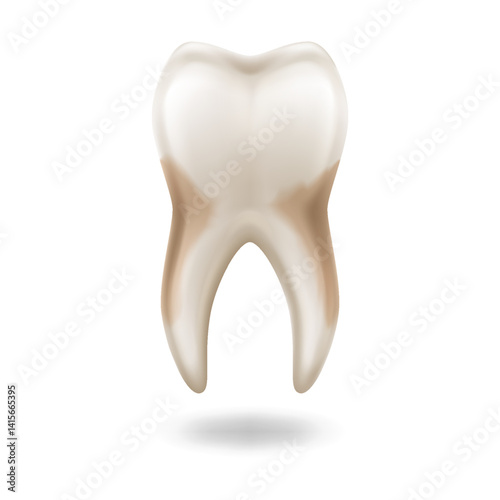 Detailed digital illustration of a human molar tooth in beige shades, representing dental health and hygiene, isolated on white background with copy space.