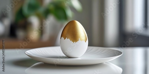 A beautifully crafted egg with a gold finish sits elegantly on a white plate. This image captures a minimalist style and a decorative purpose. Ideal for modern design. AI