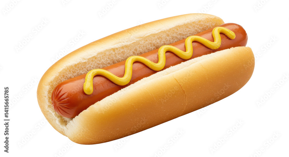 A close up of a hotdog in a bun with mustard on top against a dark background isolated image A close up of a hotdog in a bun with mustard on top against a dark background isolated image