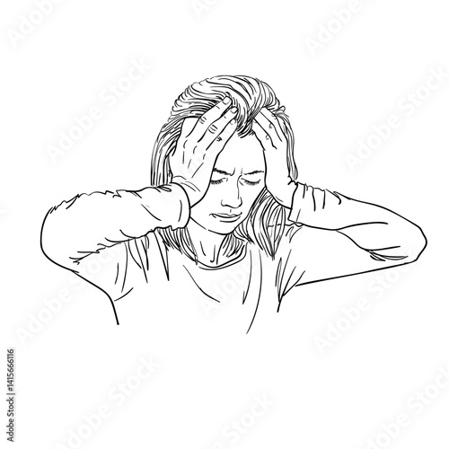 Hand-drawn portrait of a distressed woman holding her head in despair. Black and white vector illustration with clean line isolated on white. Ideal for mental health, stress, and psychological themes