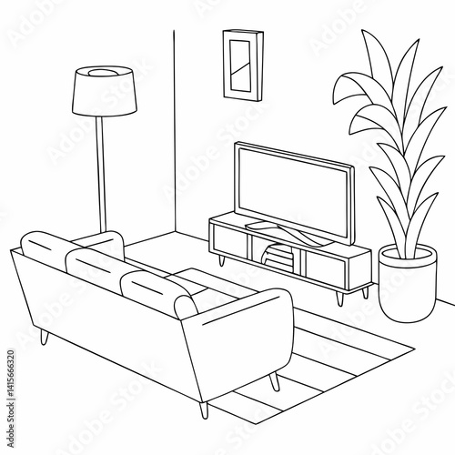 Continuous line interior with sofa, plant and lamp. One line drawing of Living room with modern furniture editable stroke. Single line. Handdraw contour. Flower in pot. Doodle vector
