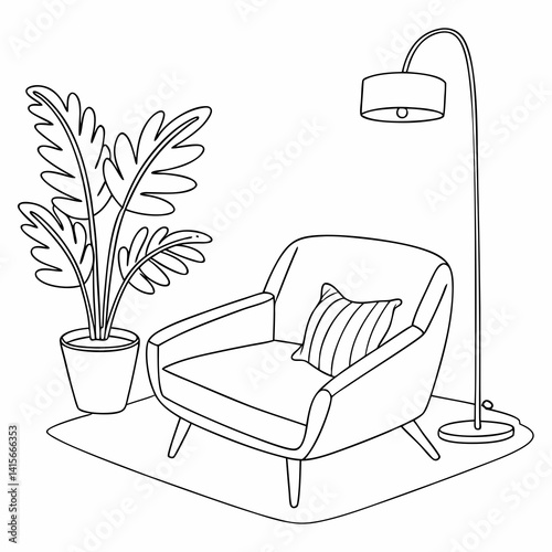 Continuous line interior with sofa, plant and lamp. One line drawing of Living room with modern furniture editable stroke. Single line. Handdraw contour. Flower in pot. Doodle vector