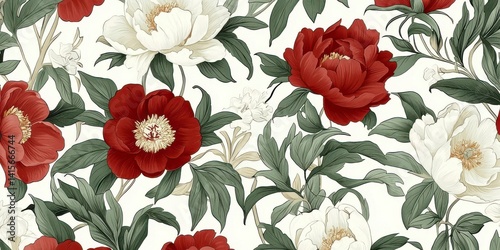 Seamless pattern of white peonies contrast background Elegant floral design for wallpaper fabric and interior decor Wedding anniversary Valentine's Day Mother's Day.