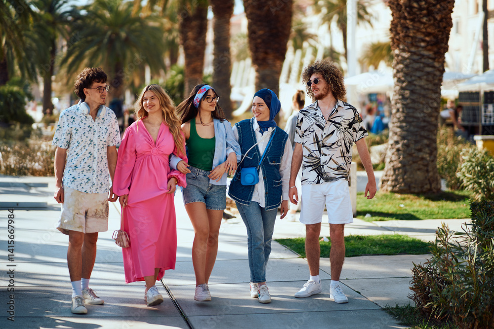 Multicultural Teenagers Embracing the Joy of Exploring a Coastal Tourist City on a Sunny Day. Multicultural Teenagers Embracing the Joy of Exploring a Coastal Tourist City on a Sunny Day.