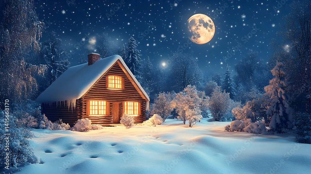 Fototapeta premium Cozy cabin glows with warm light under a starry night sky with full moon and snow covered landscape