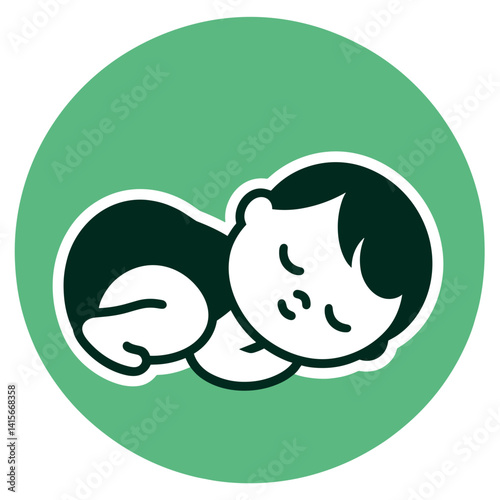 Sleeping baby illustration on a green background  in a round design
