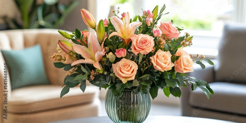 A stunning floral arrangement in soft peach and pink hues. Beautiful roses and lilies create an inviting centerpiece. Perfect for home decor or special occasions. Adds elegance to any space. AI