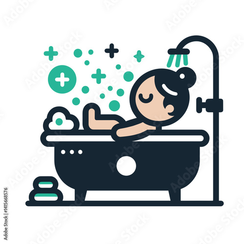 Relaxed person enjoying a bath with bubbles and wellness icons  on a transparent background
