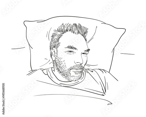 Overhead view hand-drawn portrait of a bearded man lying awake in bed, eyes open. Black and white vector line art without shading. Perfect for insomnia, sleep disorders, and nighttime concepts