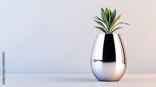 Modern metallic vase with green plant on minimalist background in soft lighting