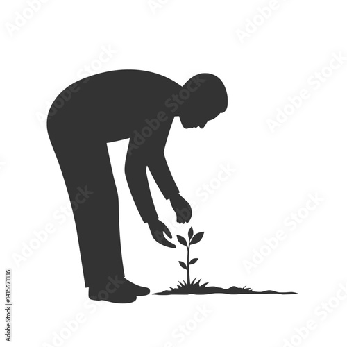Person Mindfully Observing Small Plant Outdoor Silhouette Vector
