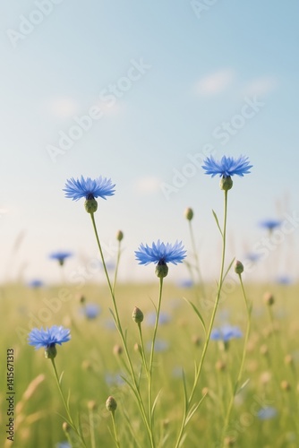 Blue Flowers Bloom Under a Clear Sky in a Sunny Meadow