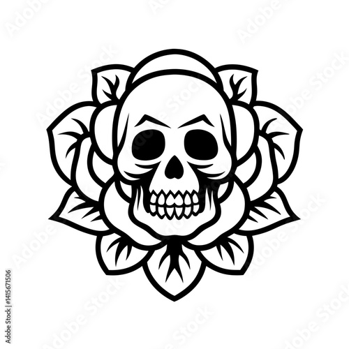 skull with rose flowers line art vector illustration gothic floral dark tattoo skeleton spooky mysterious
