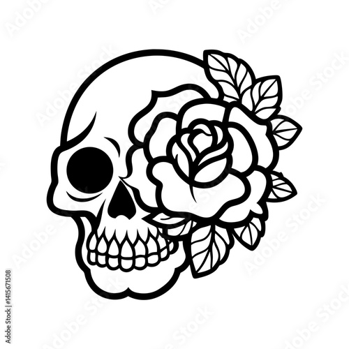 skull with rose flowers line art vector illustration gothic floral dark tattoo skeleton spooky mysterious
