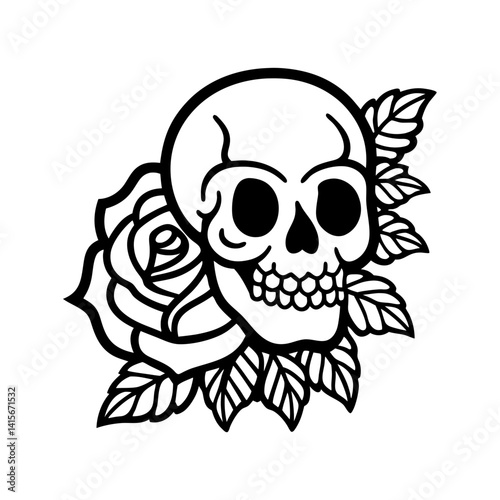 skull with rose flowers line art vector illustration gothic floral dark tattoo skeleton spooky mysterious
