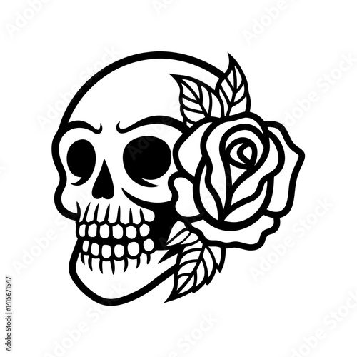 skull with rose flowers line art vector illustration gothic floral dark tattoo skeleton spooky mysterious

