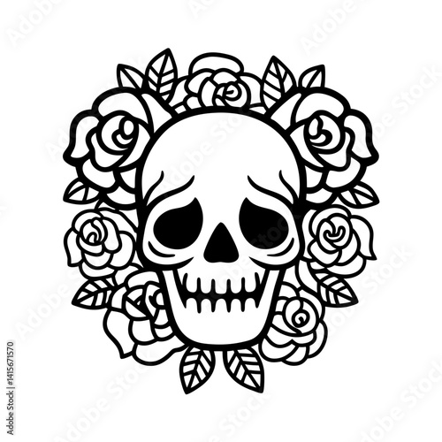 skull with rose flowers line art vector illustration gothic floral dark tattoo skeleton spooky mysterious
